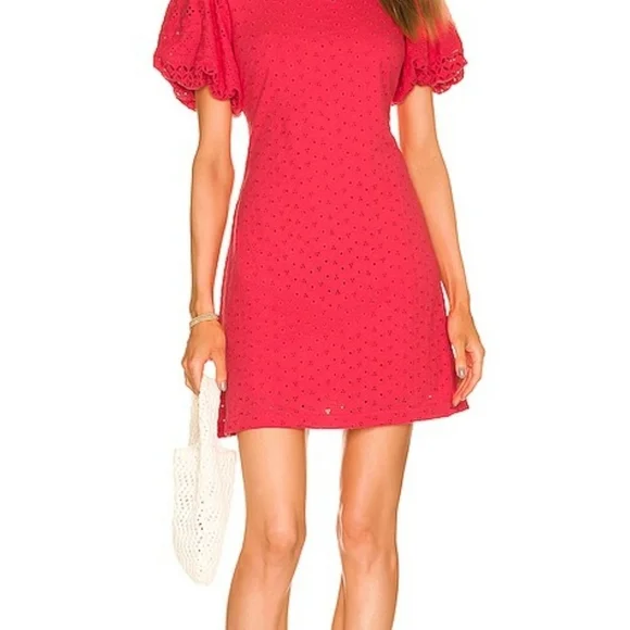 NWT Free People Pink Eyelet Apricot Rose Puff Sleeve Mini Dress - Picture 2 of 4